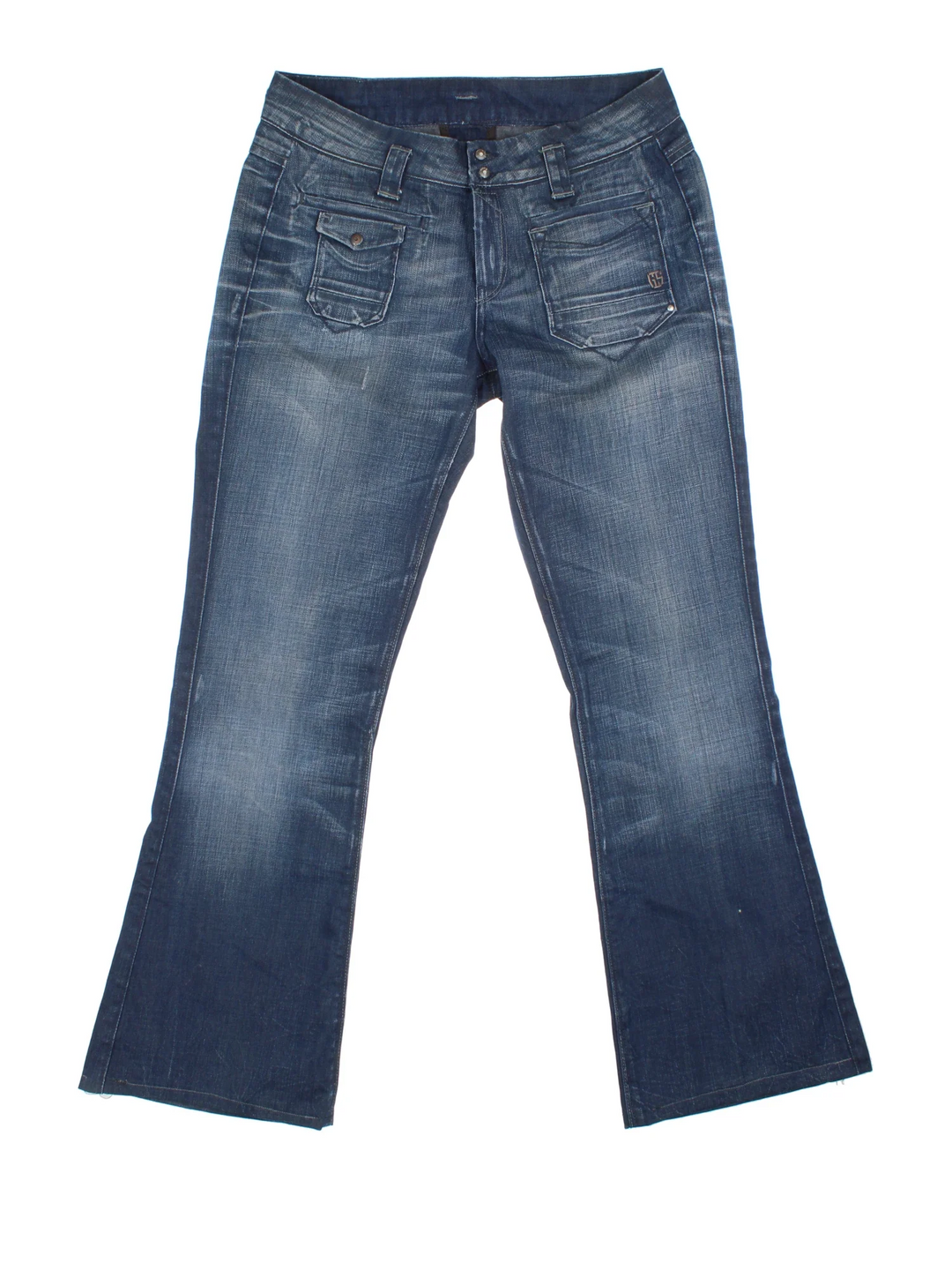 Y2K G-Star Raw Low Rise Flared Jeans in blue colourway with multiple pockets, contrast stitching and branding embroidered on the back.