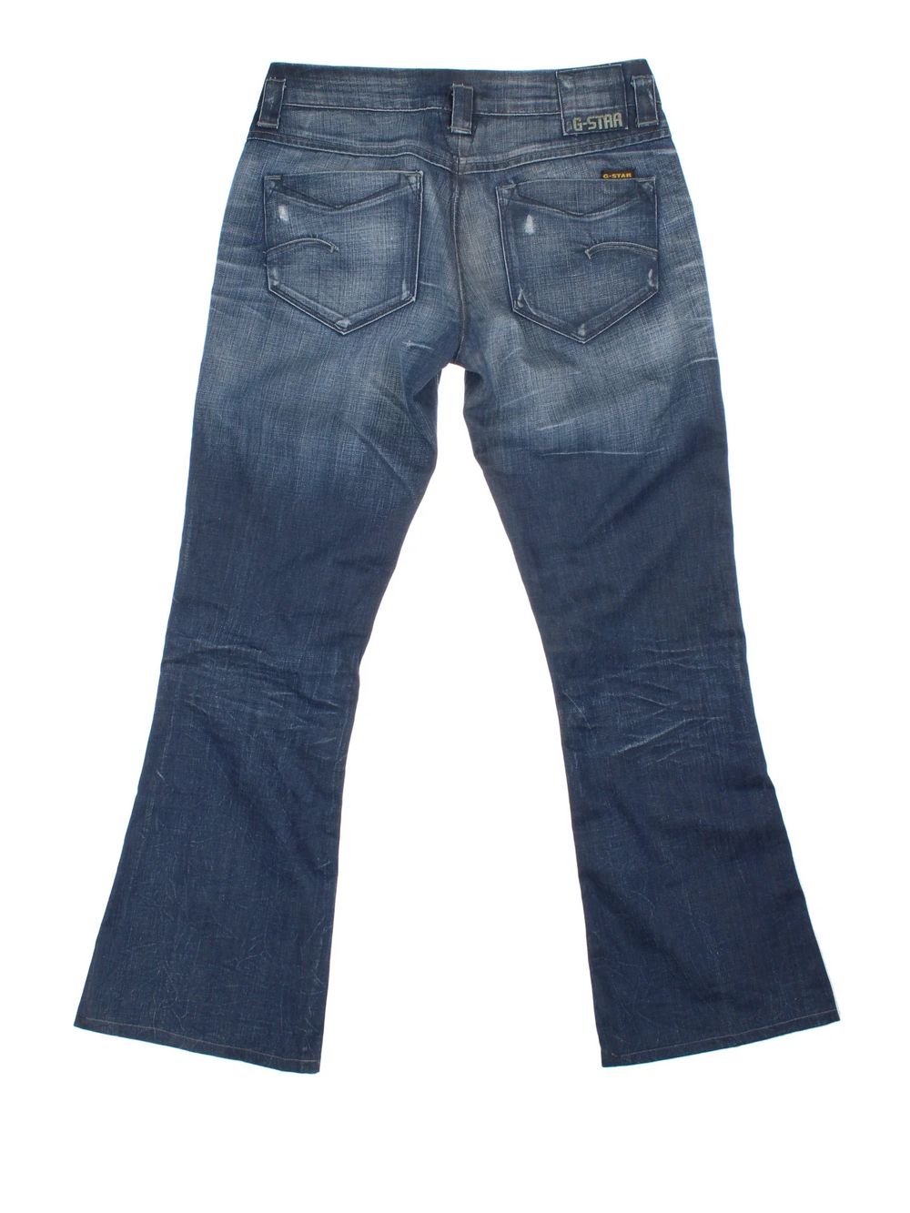 Y2K G-Star Raw Low Rise Flared Jeans in blue colourway with multiple pockets, contrast stitching and branding embroidered on the back.