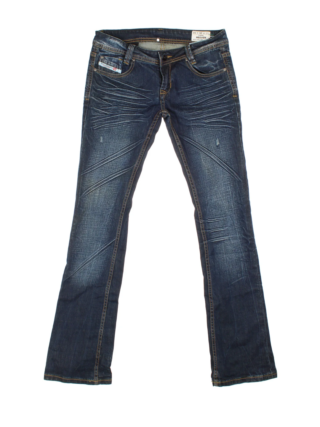 Diesel Low Rise Flared Jeans in blue colourway with multiple pockets, contrast stitching and branding embroidered on the front.