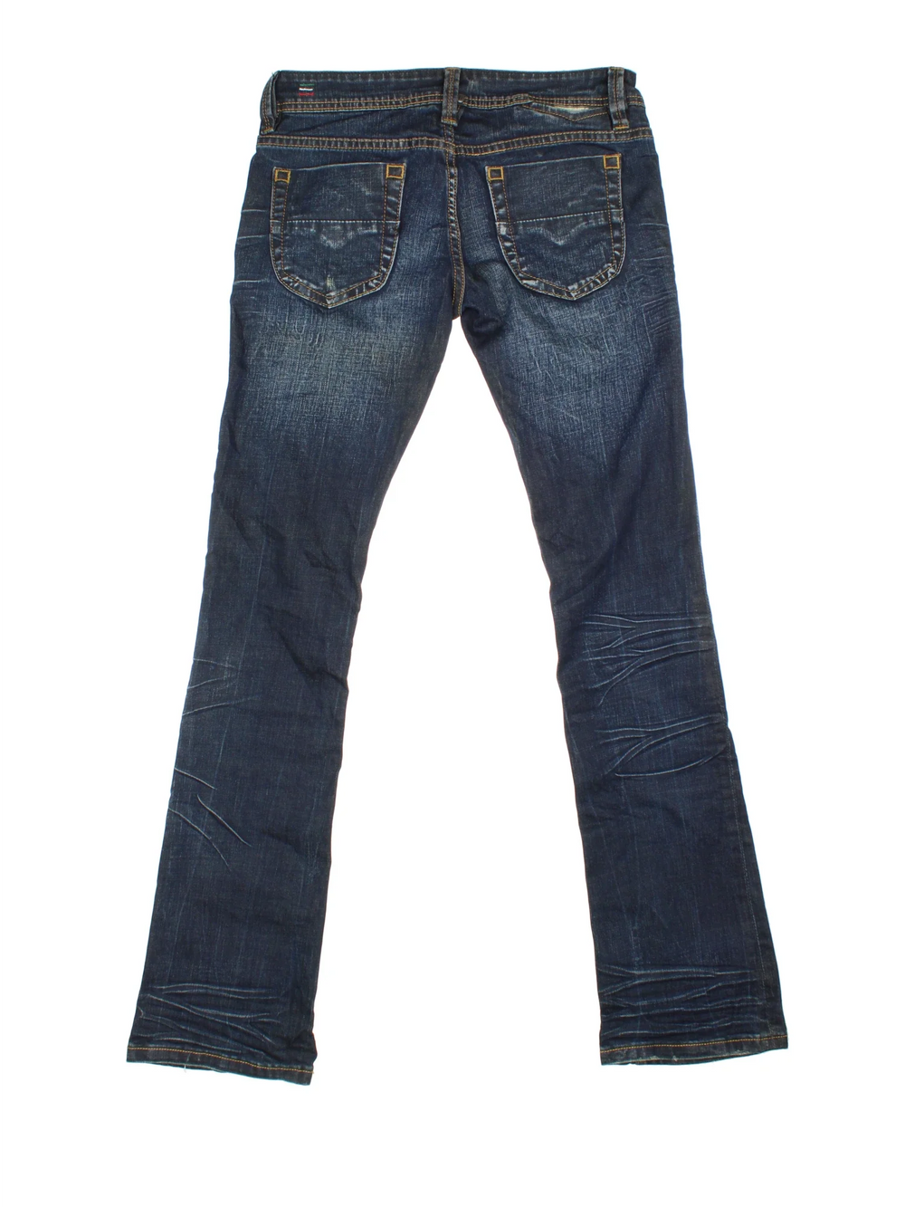 Diesel Low Rise Flared Jeans in blue colourway with multiple pockets, contrast stitching and branding embroidered on the front.