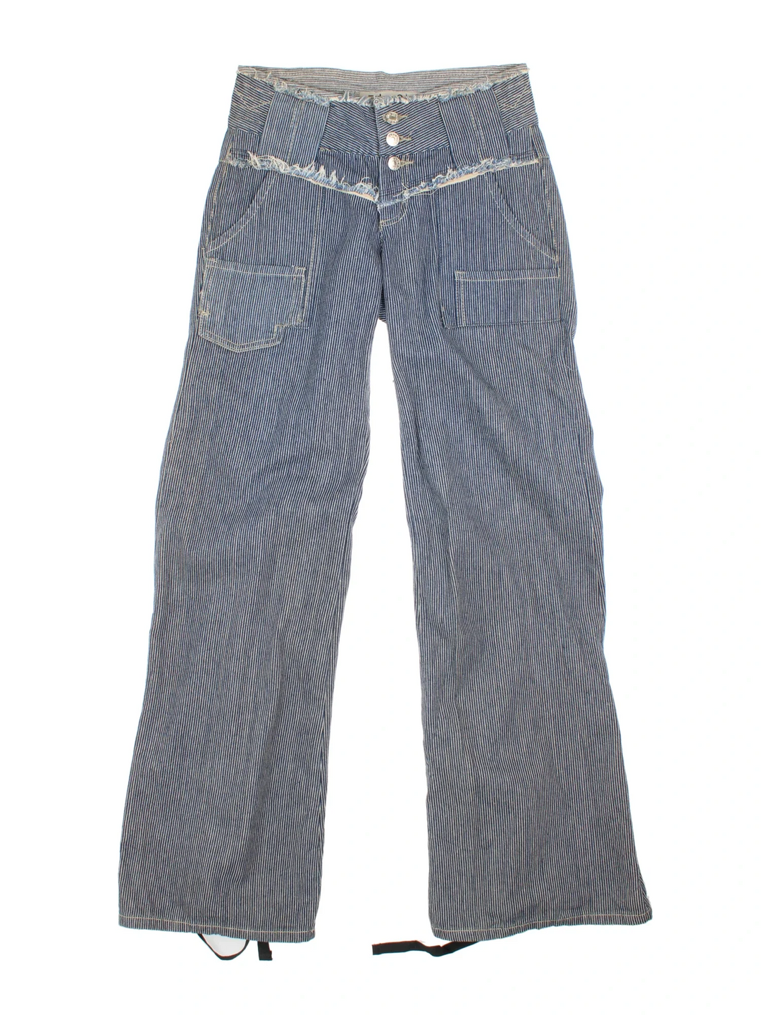 Y2K Low Rise Flared Jeans in blue colourway with multiple pockets, contrast stitching and branding embroidered on the front.