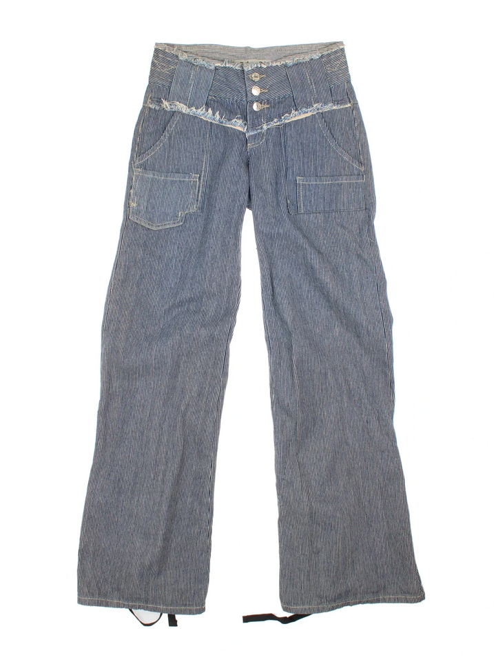 Y2K Low Rise Flared Jeans in blue colourway with multiple pockets, contrast stitching and branding embroidered on the front.