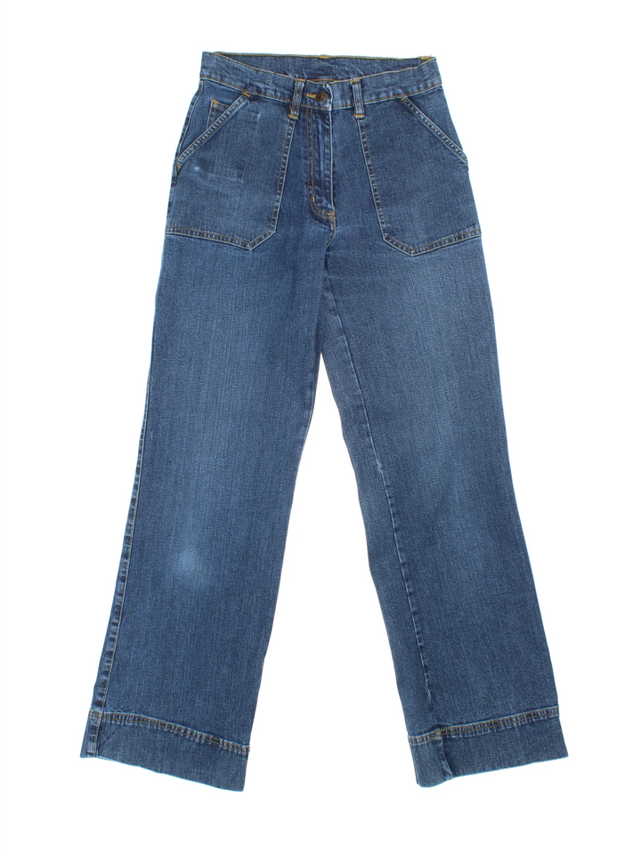 Y2K High Waisted Jeans in blue colourway with multiple pockets and contrast stitching.