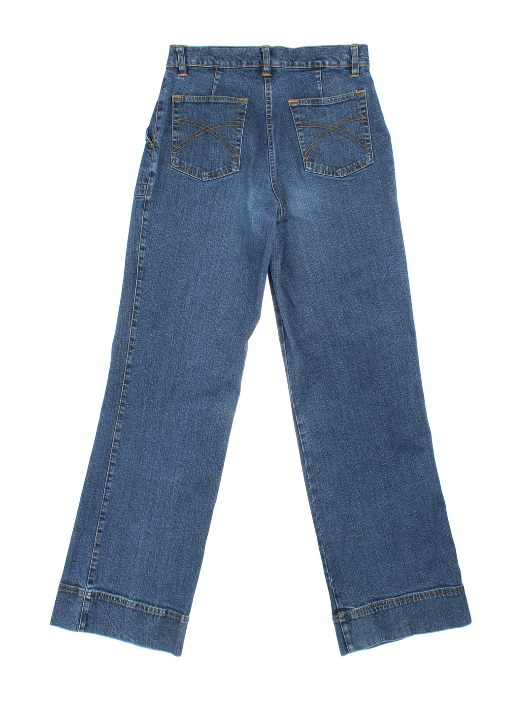 Y2K High Waisted Jeans in blue colourway with multiple pockets and contrast stitching.