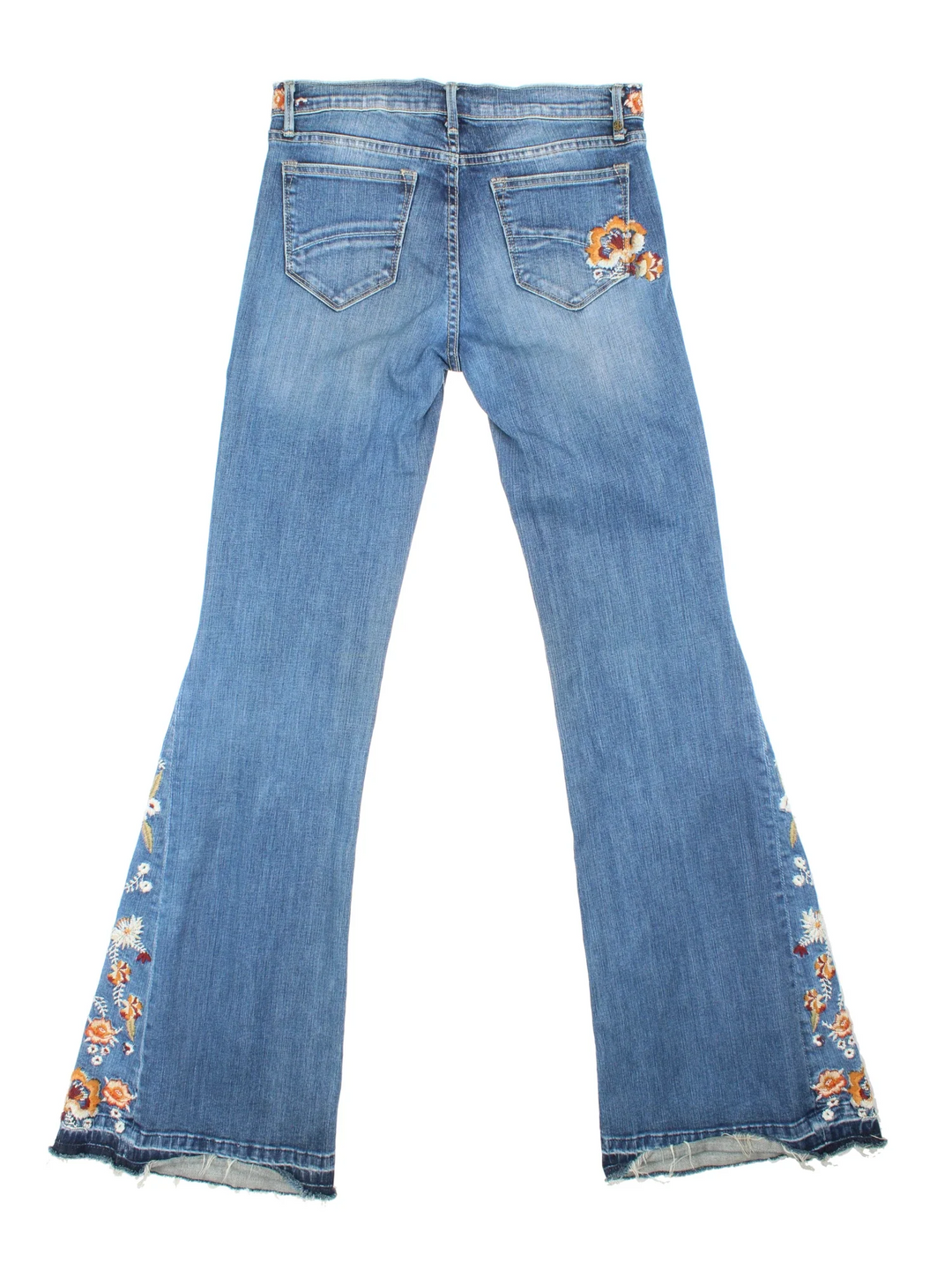Y2K Embroidered Flared Jeans in blue colourway with multiple pockets, contrast stitching and embroidered detailing on the front/back.
