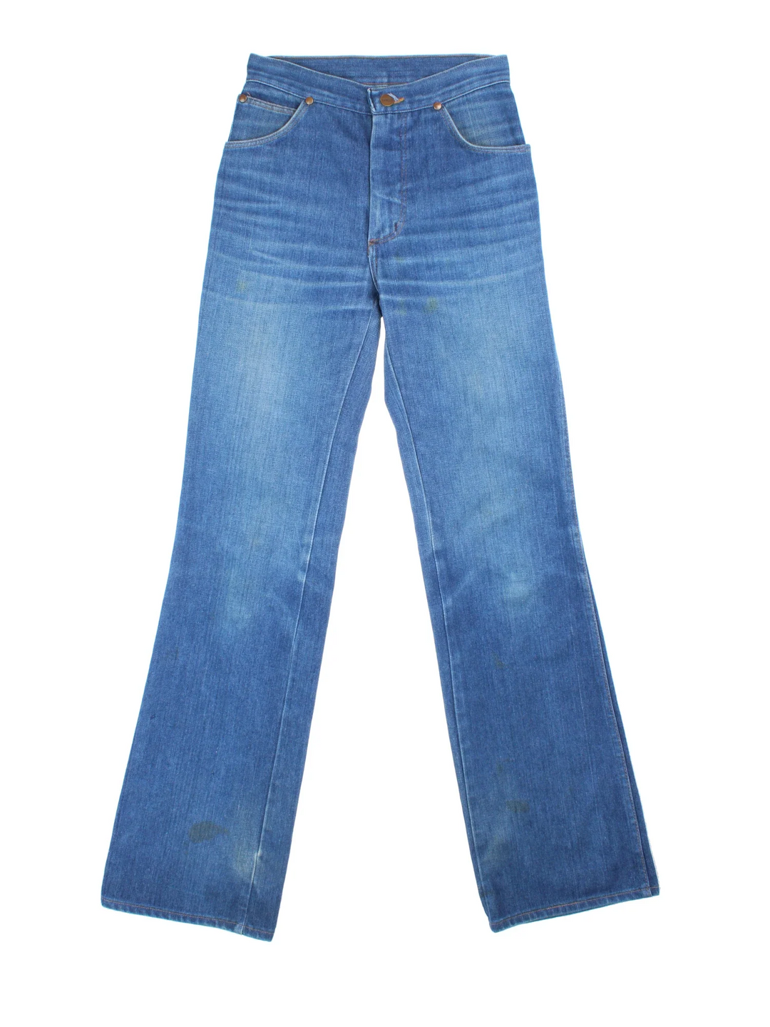 70's Wrangler Flared Jeans in blue colourway with multiple pockets, contrast stitching and embroidered logo on the back.