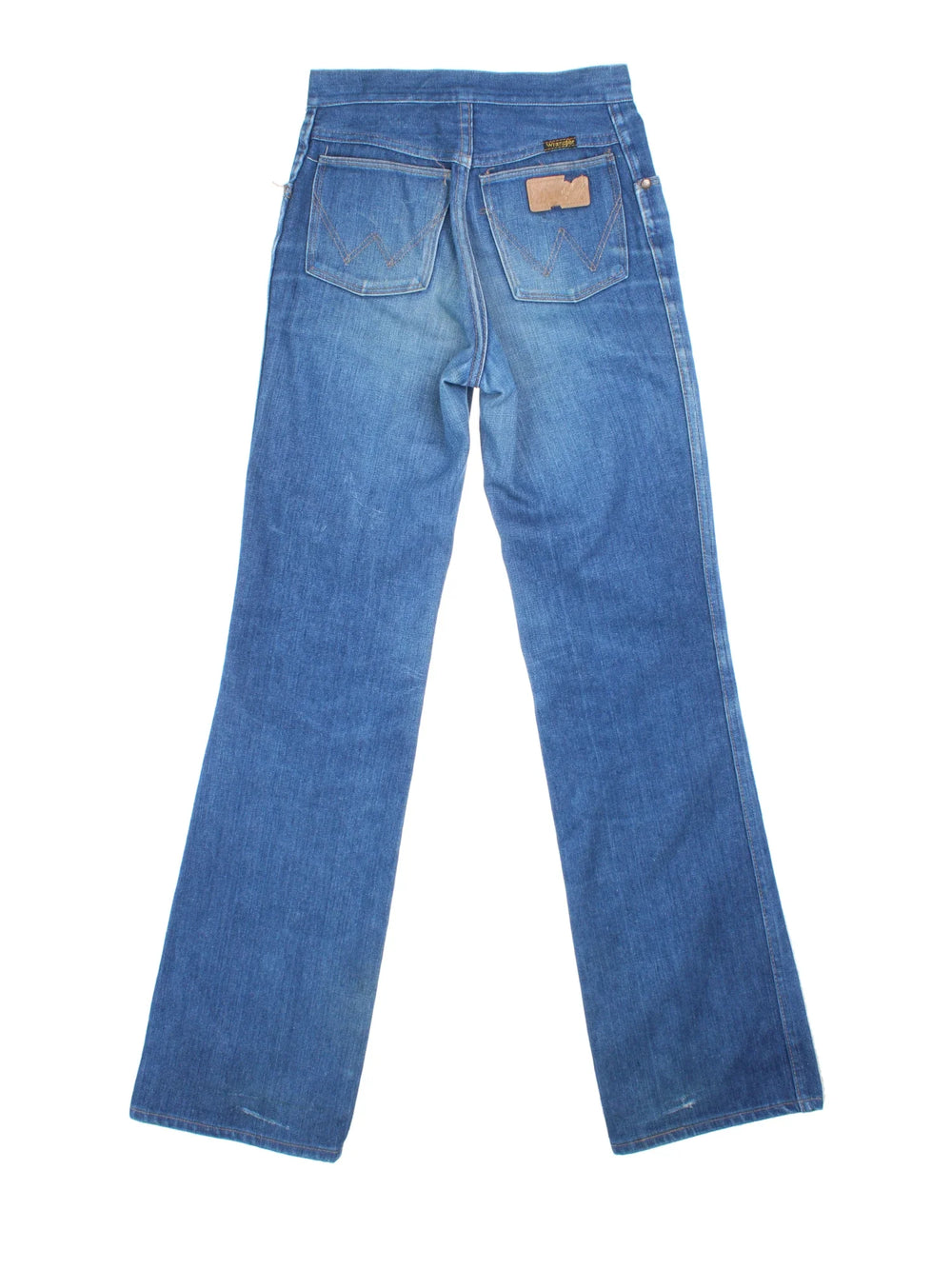 70's Wrangler Flared Jeans in blue colourway with multiple pockets, contrast stitching and embroidered logo on the back.