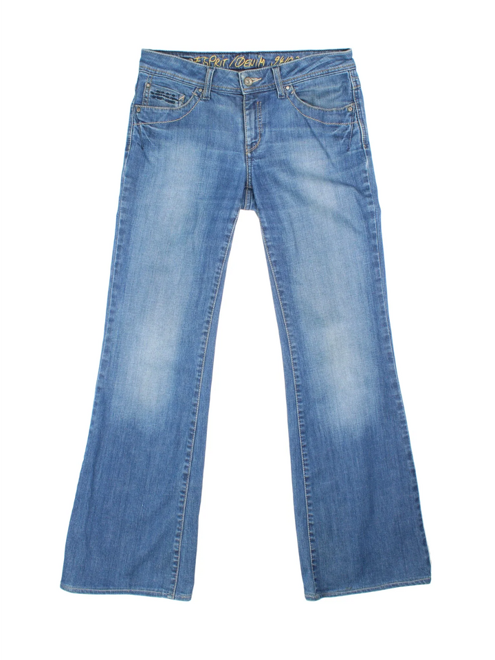 Y2K Low Rise Flared Jeans in blue colourway with multiple pockets, contrast stitching and embroidered logo on the back.