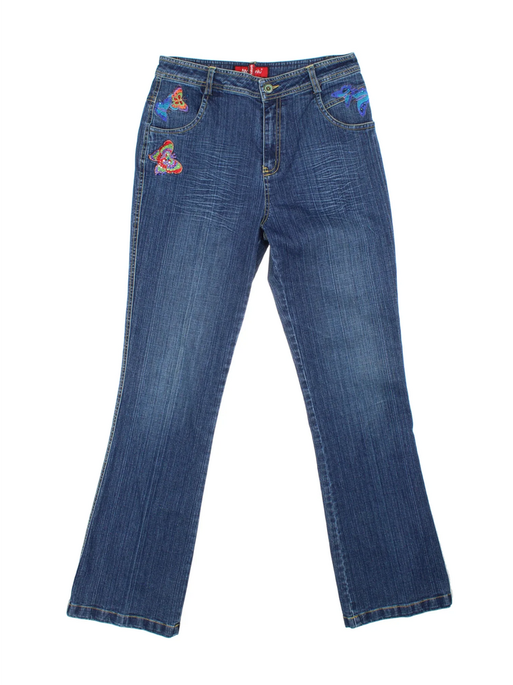 Y2K Diamante Butterfly Flared Jeans in blue colourway with multiple pockets, contrast stitching and diamante detailing on front/back.