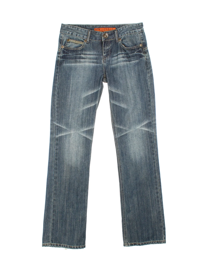 Y2K Diamante Jeans in blue colourway with multiple pockets, contrast stitching and diamante detailing on back.