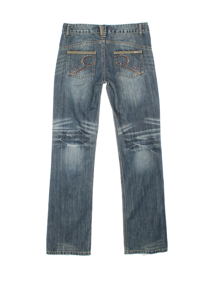 Y2K Diamante Jeans in blue colourway with multiple pockets, contrast stitching and diamante detailing on back.