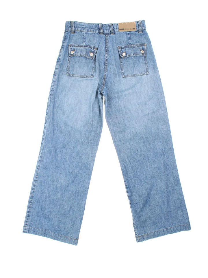 Y2K Wide Leg Jeans in blue colourway with multiple pockets, contrast stitching and leather patch detailing on back.