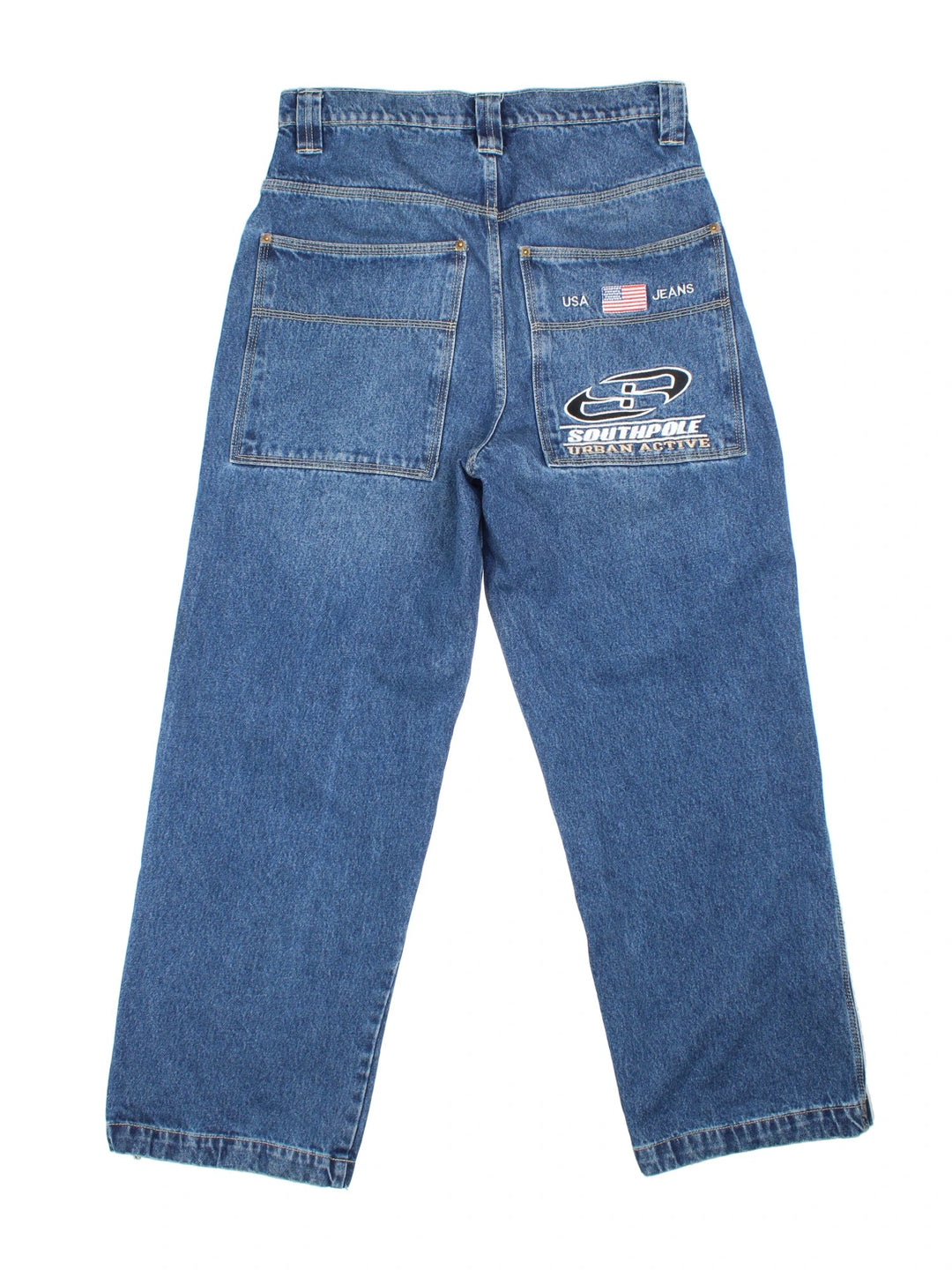 Vintage 90's Southpole Baggy Jeans in blue colourway with multiple pockets, contrast stitching and embroidered branding on back.