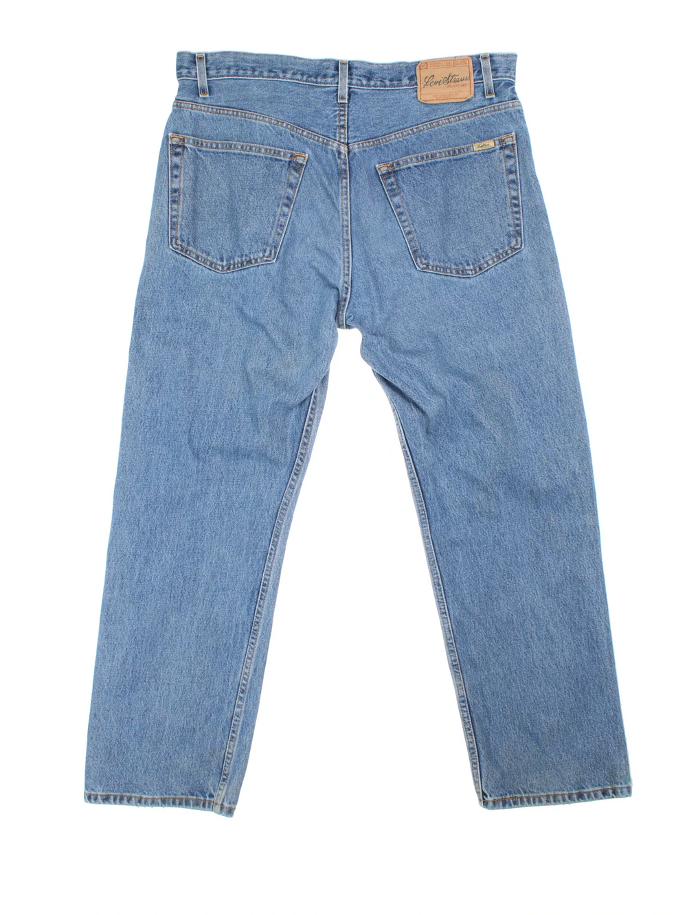 Vintage Levi Strauss Jeans in blue colourway with multiple pockets, contrast stitching and embroidered branding on back.