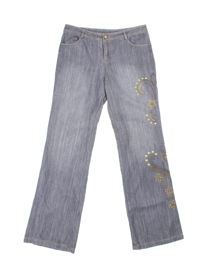 Y2K Embroidered Flared Jeans in grey colourway with multiple pockets, contrast stitching and floral detailing on the front/back.