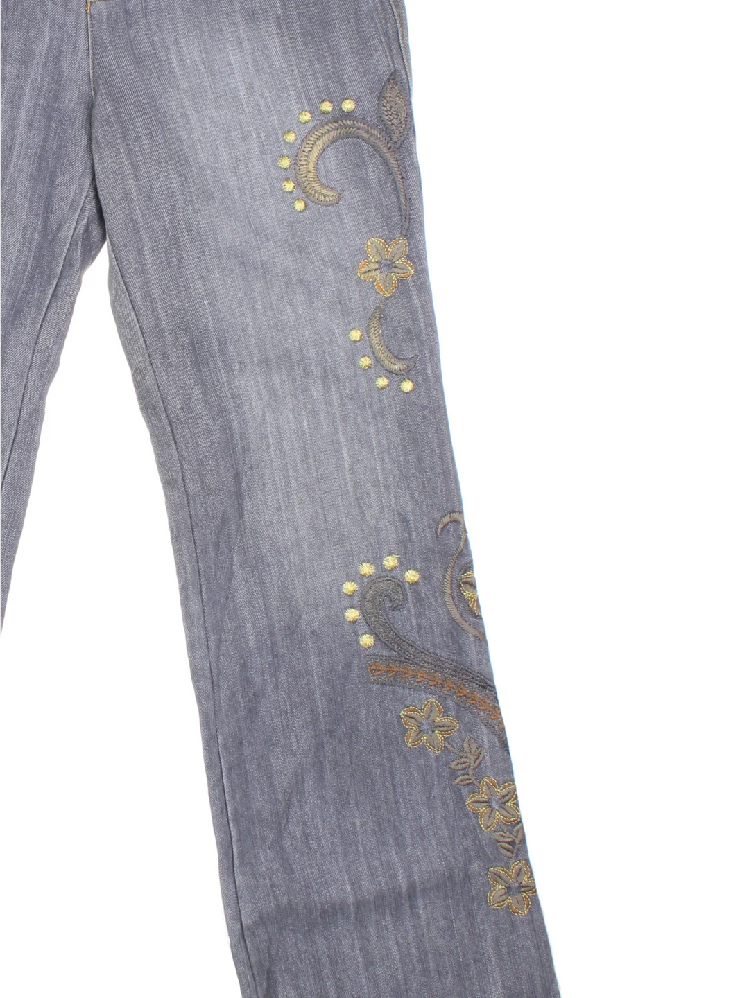 Y2K Embroidered Flared Jeans in grey colourway with multiple pockets, contrast stitching and floral detailing on the front/back.