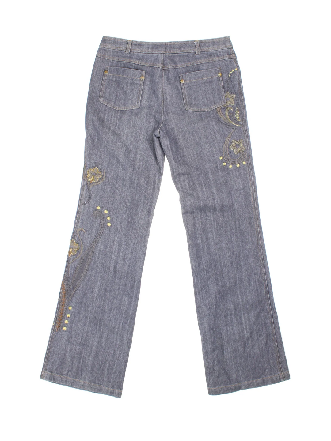 Y2K Embroidered Flared Jeans in grey colourway with multiple pockets, contrast stitching and floral detailing on the front/back.