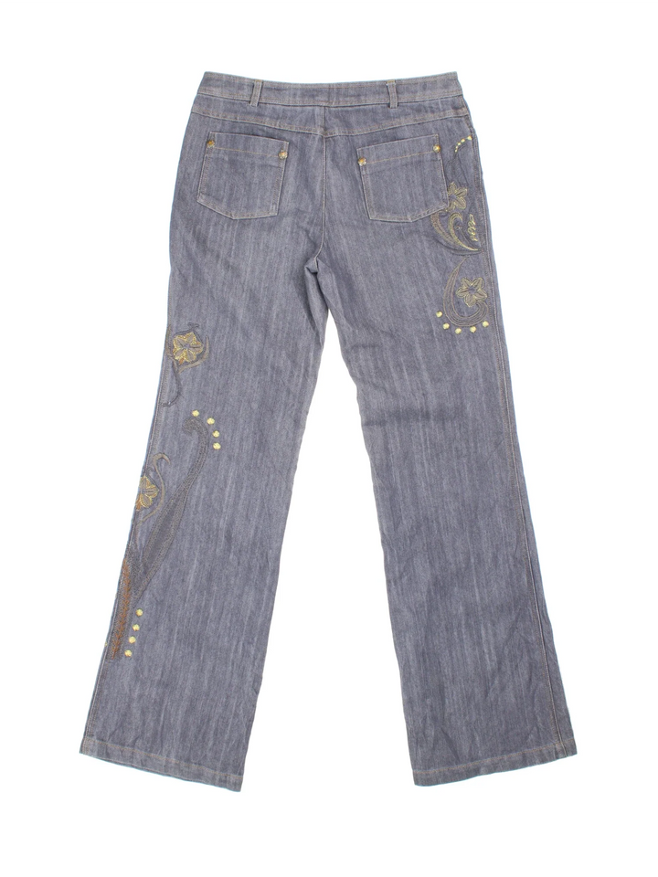 Y2K Embroidered Flared Jeans in grey colourway with multiple pockets, contrast stitching and floral detailing on the front/back.