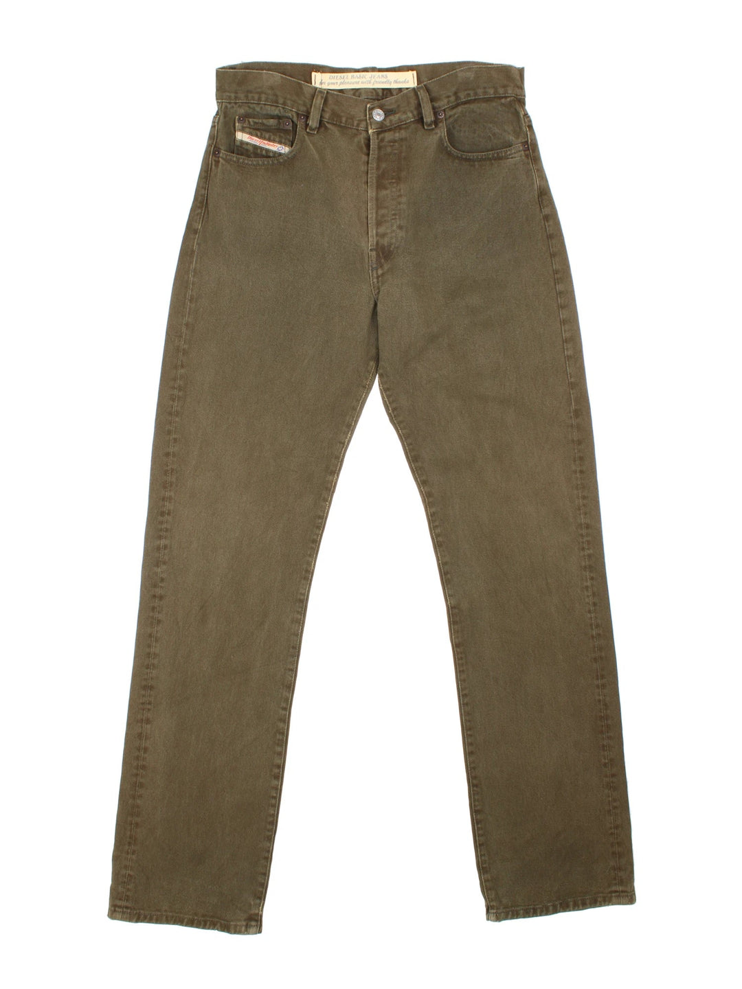 Diesel Jeans in green colourway with multiple pockets, contrast stitching and embroidered branding on the front/back.