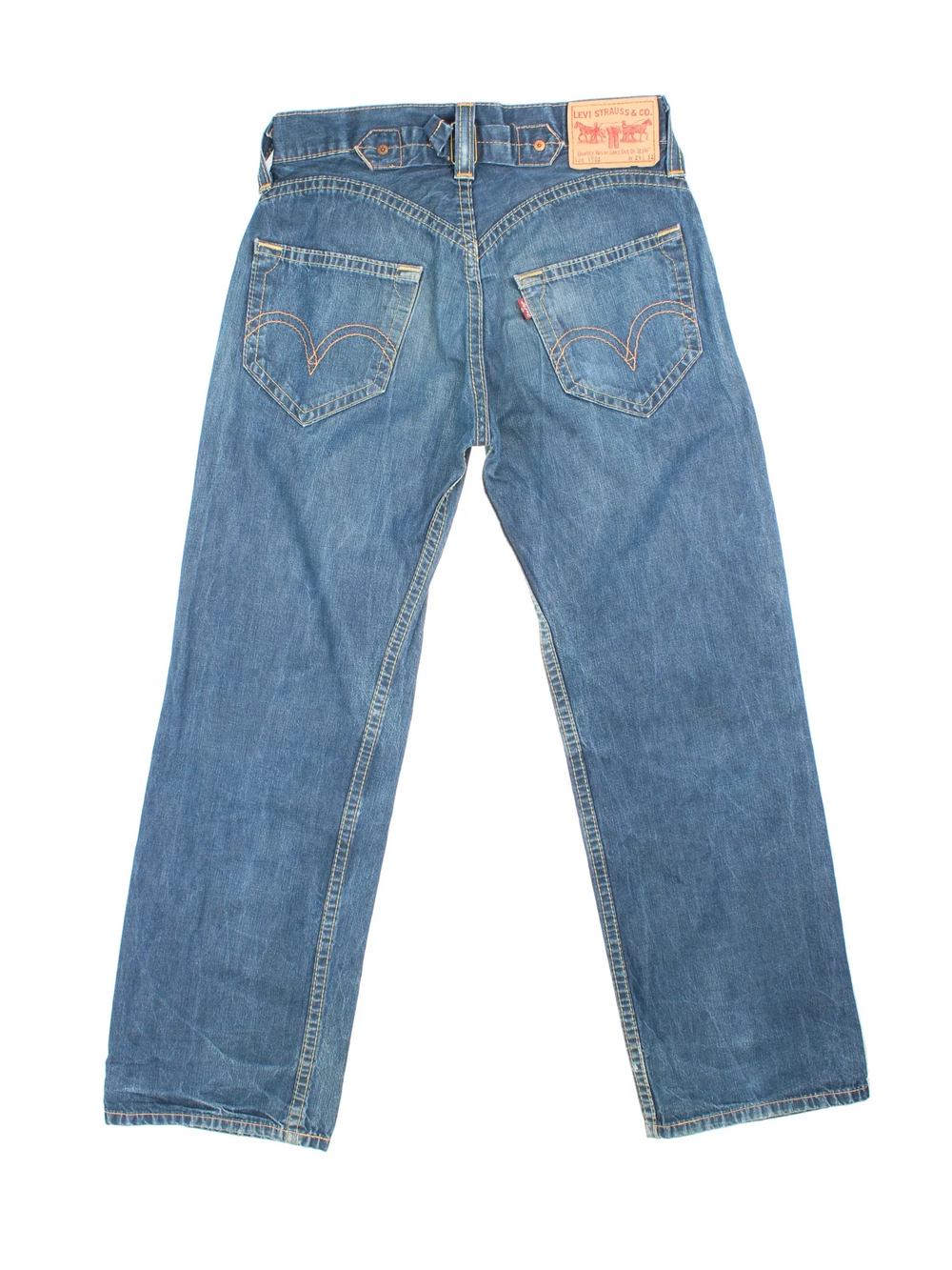 Vintage Levi Strauss Buckle Back Jeans in blue colourway with multiple pockets, buckle back feature and the logo embroidered on the back.