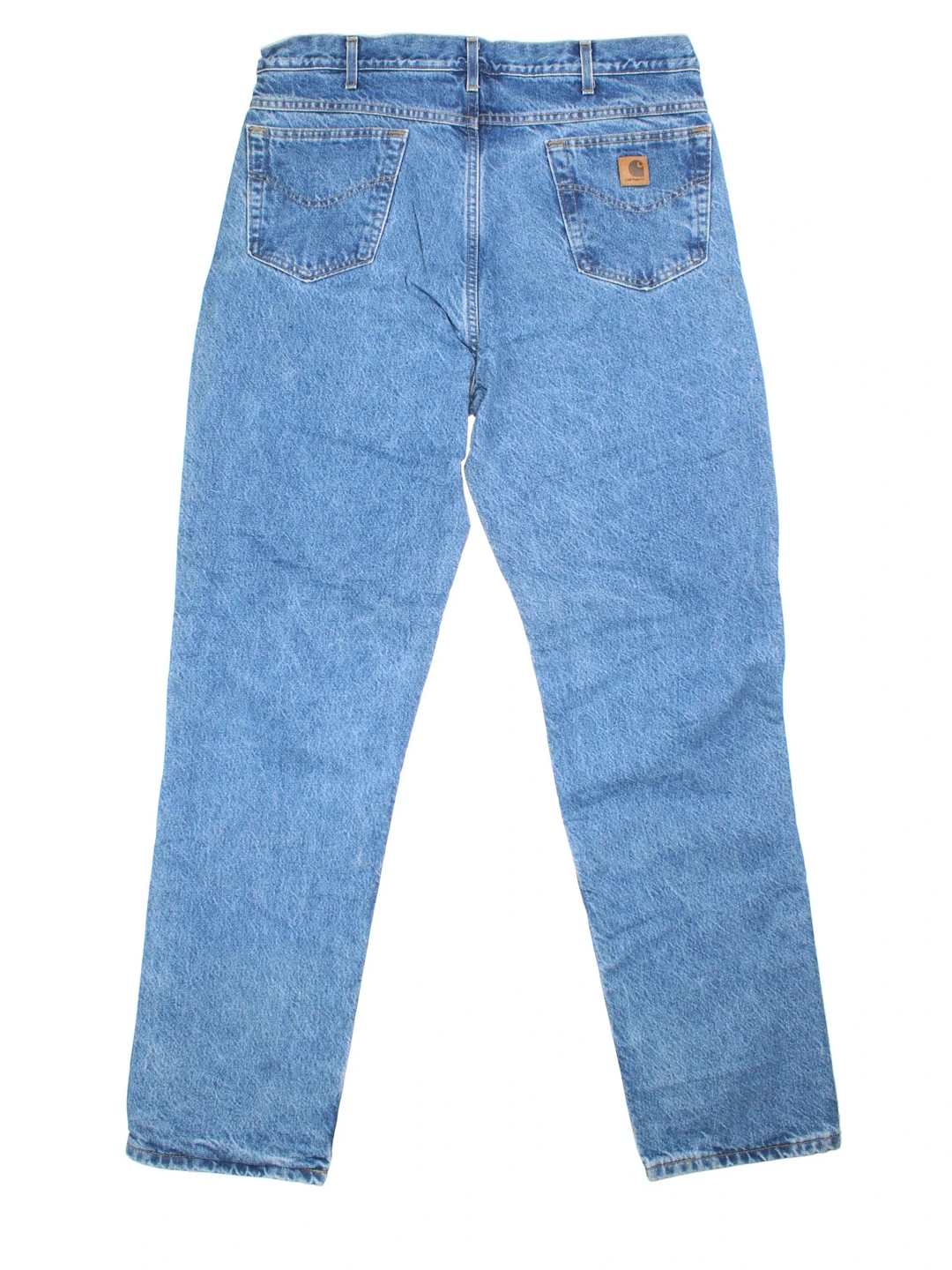 Carhartt Jeans in blue colourway with multiple pockets, plaid pattern lining, and the logo embroidered on the back.