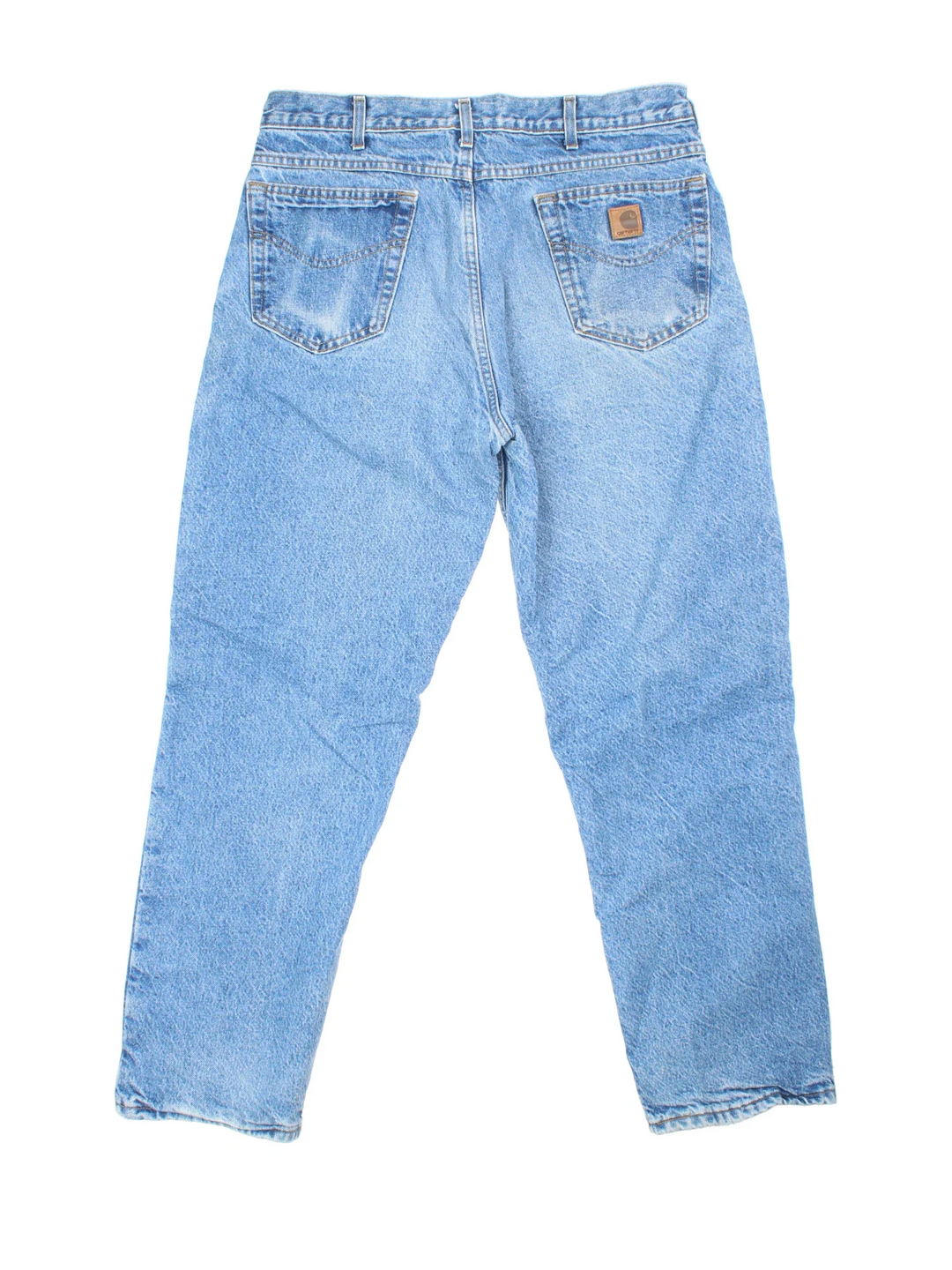 Carhartt Jeans in blue colourway with multiple pockets, plaid pattern lining, and the logo embroidered on the back.