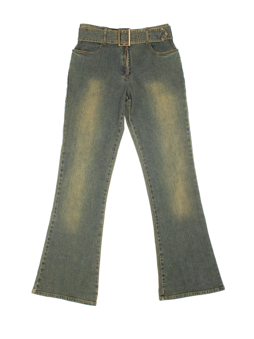 Y2K Low Rise Flared Jeans in blue colourway with multiple pockets and buckle detail.