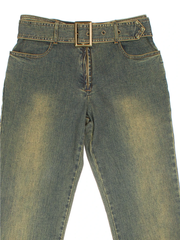 Y2K Low Rise Flared Jeans in blue colourway with multiple pockets and buckle detail.