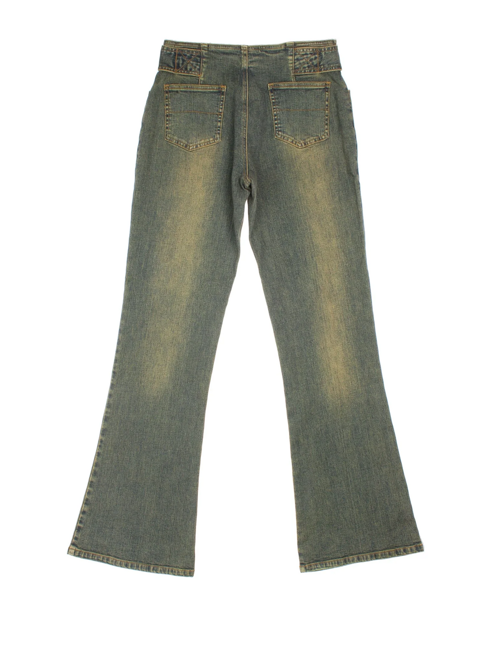 Y2K Low Rise Flared Jeans in blue colourway with multiple pockets and buckle detail.