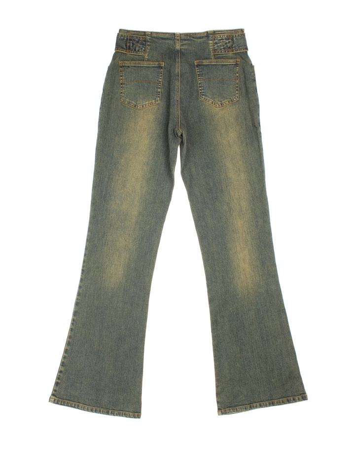 Y2K Low Rise Flared Jeans in blue colourway with multiple pockets and buckle detail.