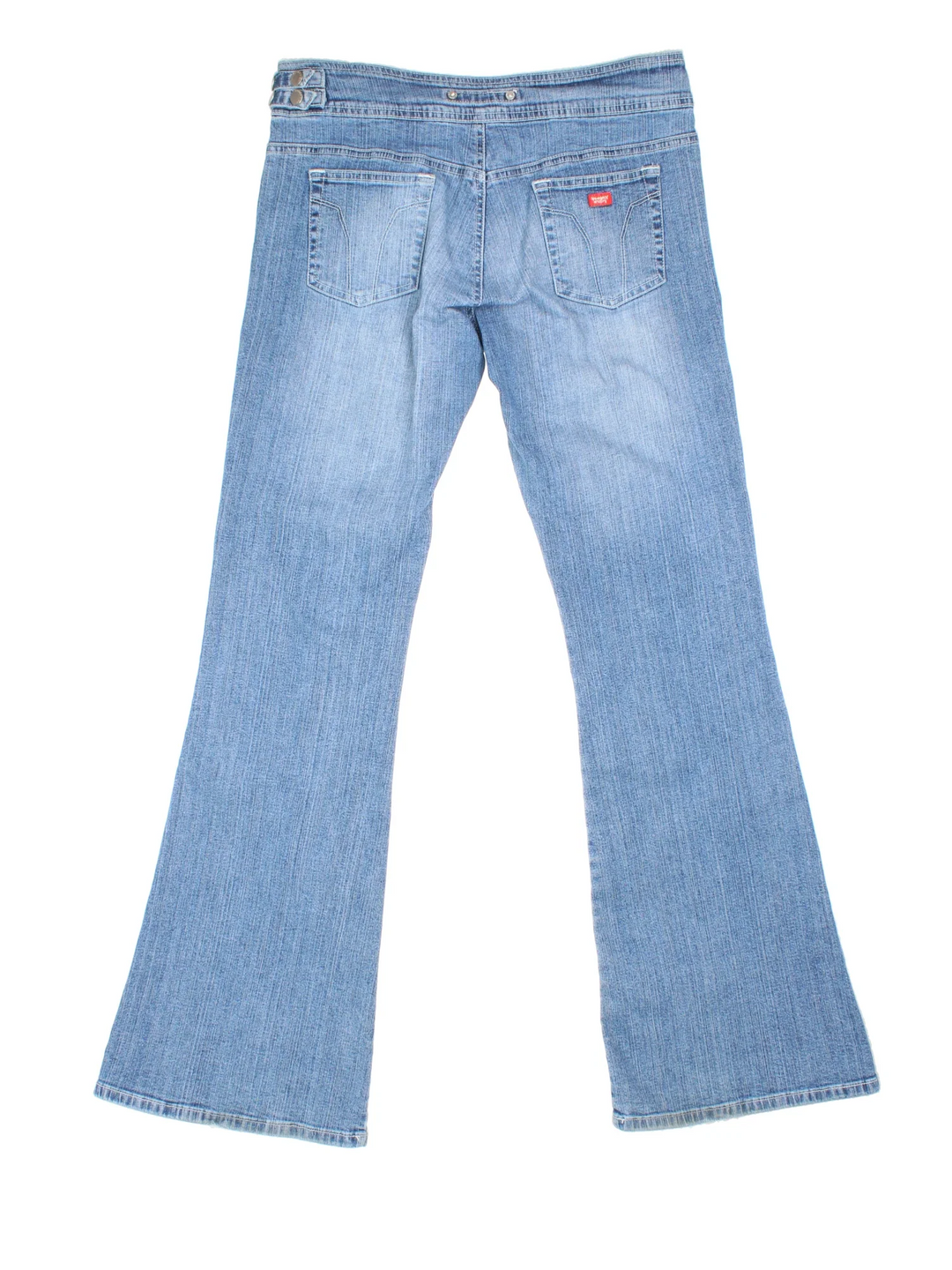Y2K Punky Fish Flared Jeans in blue colourway with multiple pockets, buckle detail and branding on the front/back.