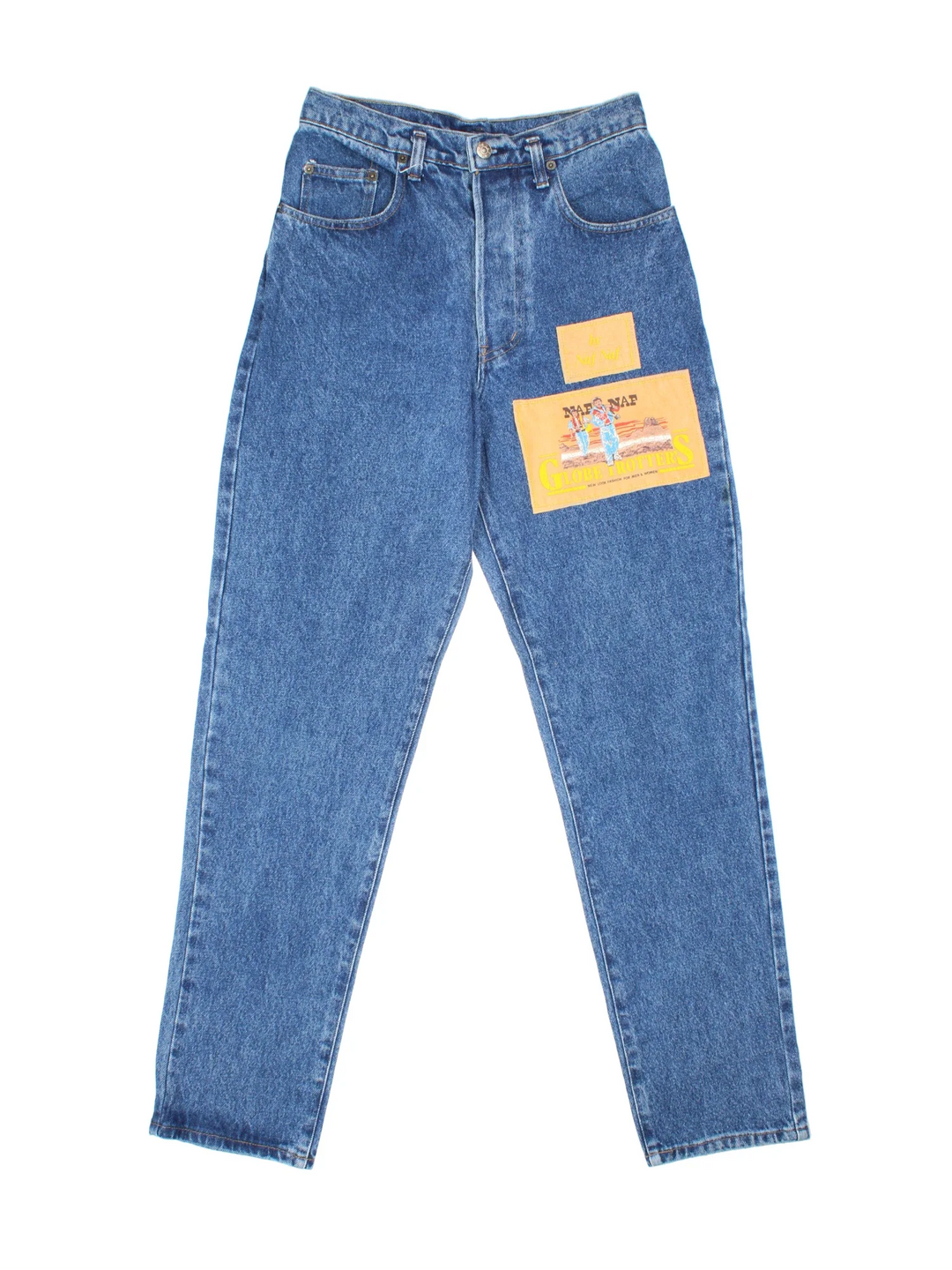 Vintage 90's High Waisted Naf Naf Jeans in blue colourway with multiple patches, contrast stitching and branding on the back.