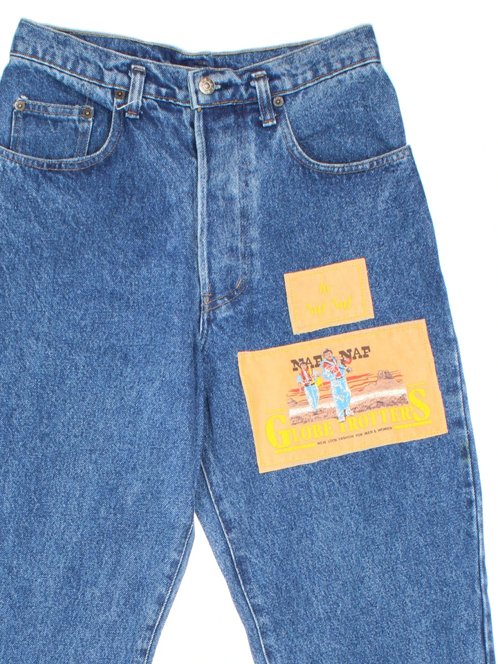 Vintage 90's High Waisted Naf Naf Jeans in blue colourway with multiple patches, contrast stitching and branding on the back.