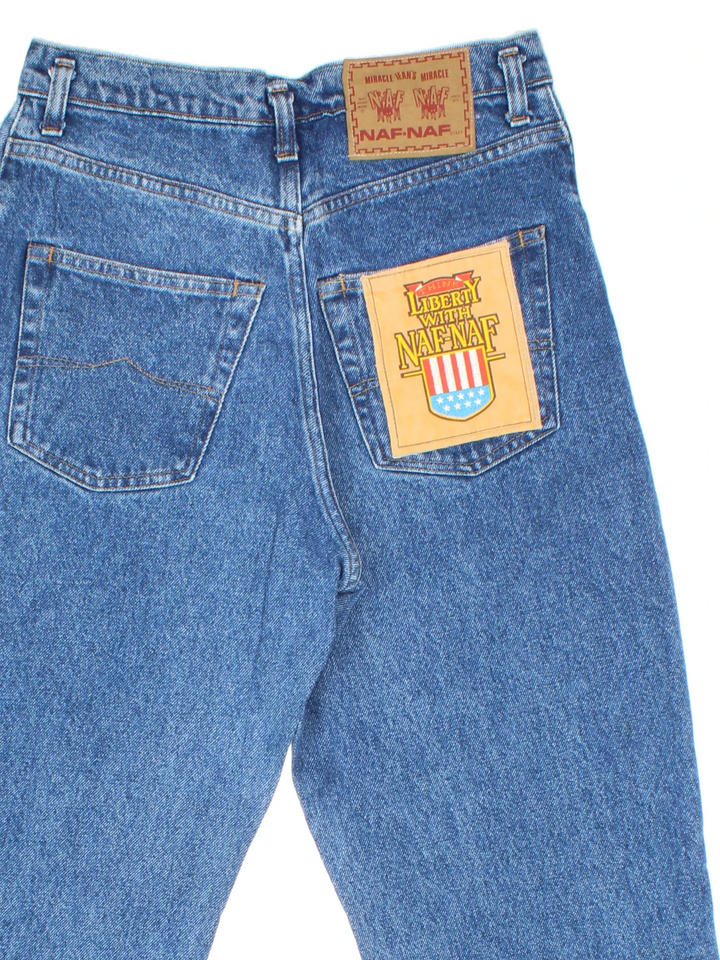 Vintage 90's High Waisted Naf Naf Jeans in blue colourway with multiple patches, contrast stitching and branding on the back.