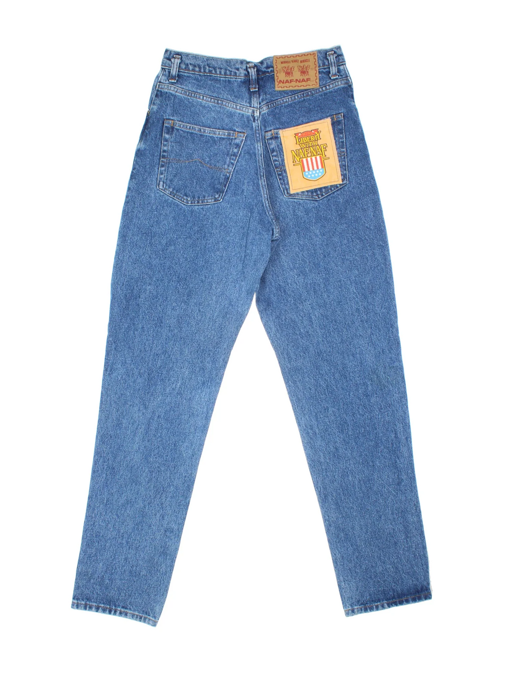 Vintage 90's High Waisted Naf Naf Jeans in blue colourway with multiple patches, contrast stitching and branding on the back.