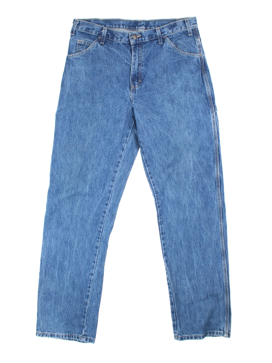 Dickies Carpenter Jeans in blue colourway with multiple pockets, and the logo embroidered on the back.