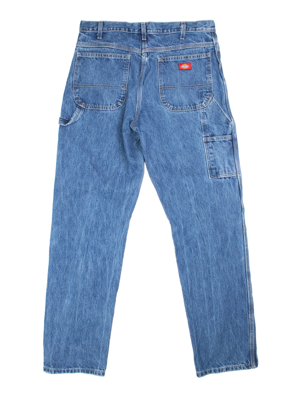 Dickies Carpenter Jeans in blue colourway with multiple pockets, and the logo embroidered on the back.