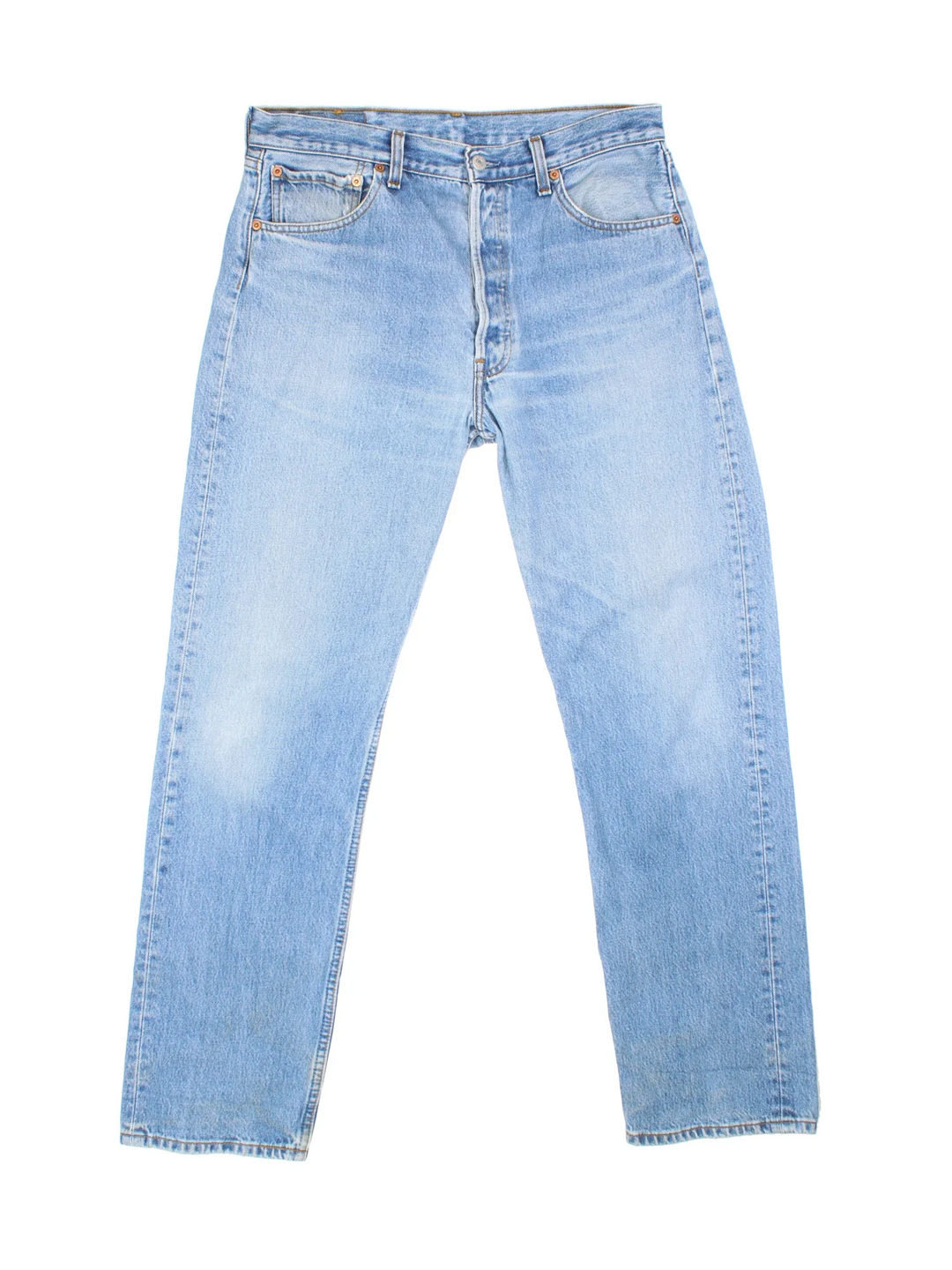 Levi Strauss 501 Jeans in blue colourway with multiple pockets and the logo embroidered on the back.