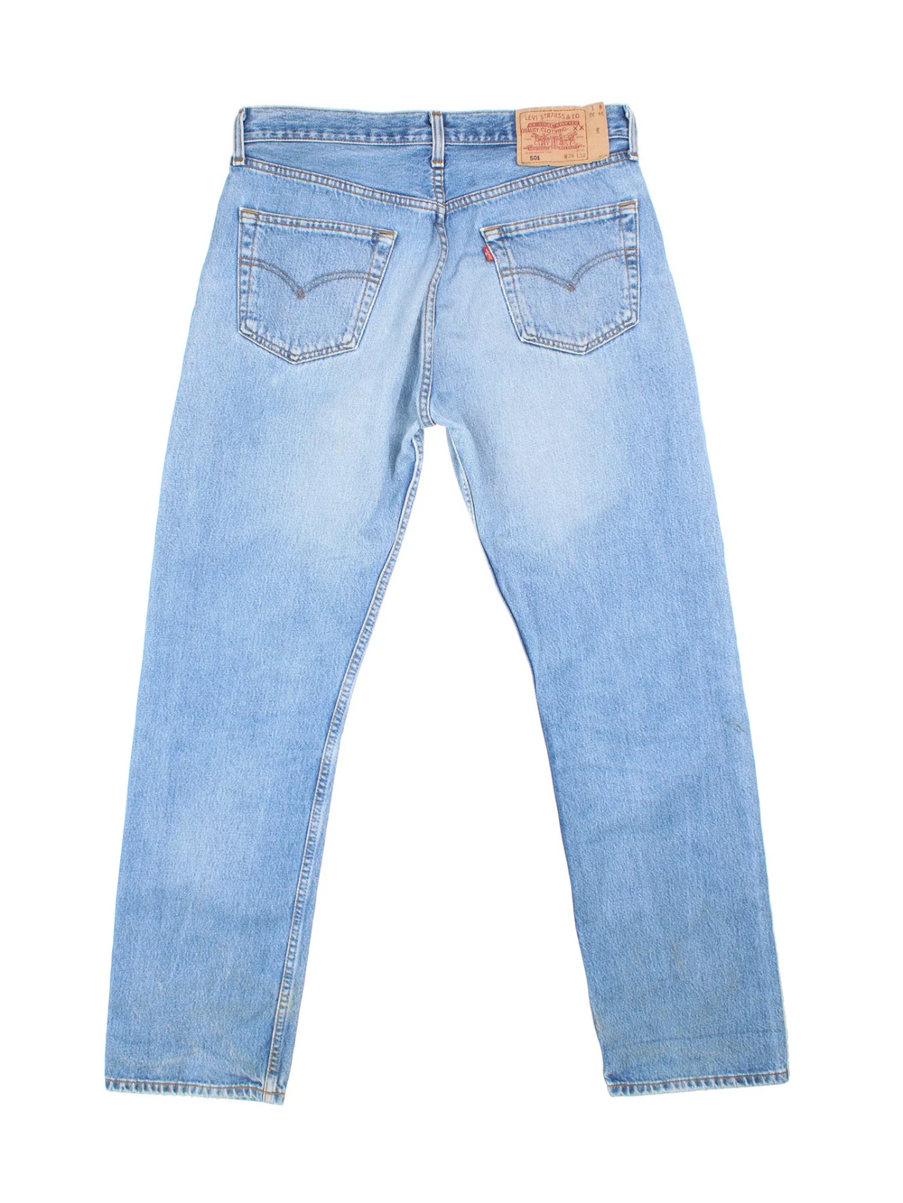 Levi Strauss 501 Jeans in blue colourway with multiple pockets and the logo embroidered on the back.