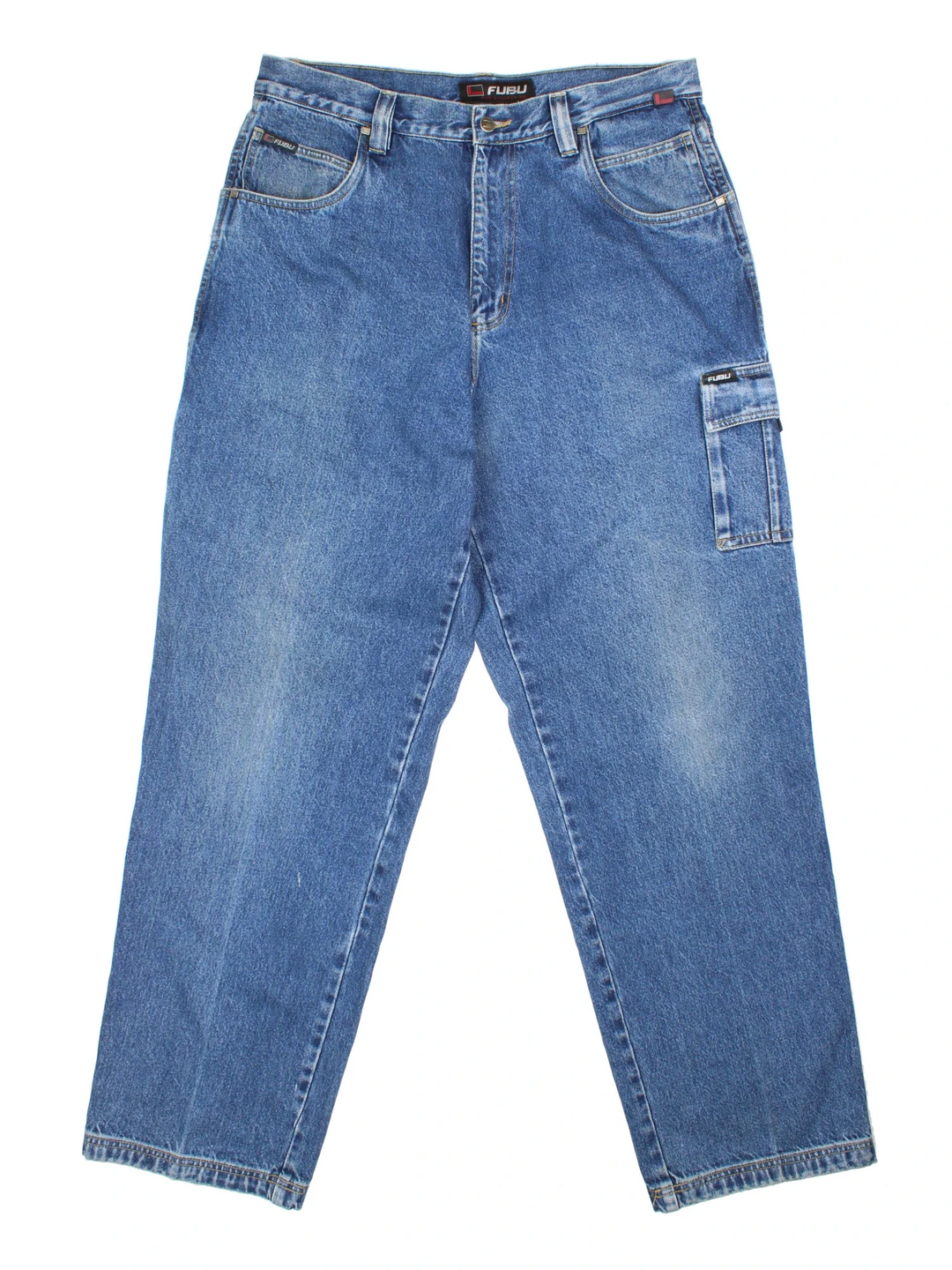 Y2K FUBU Cargo Jeans in blue colourway with multiple pockets and the logo embroidered on the back.