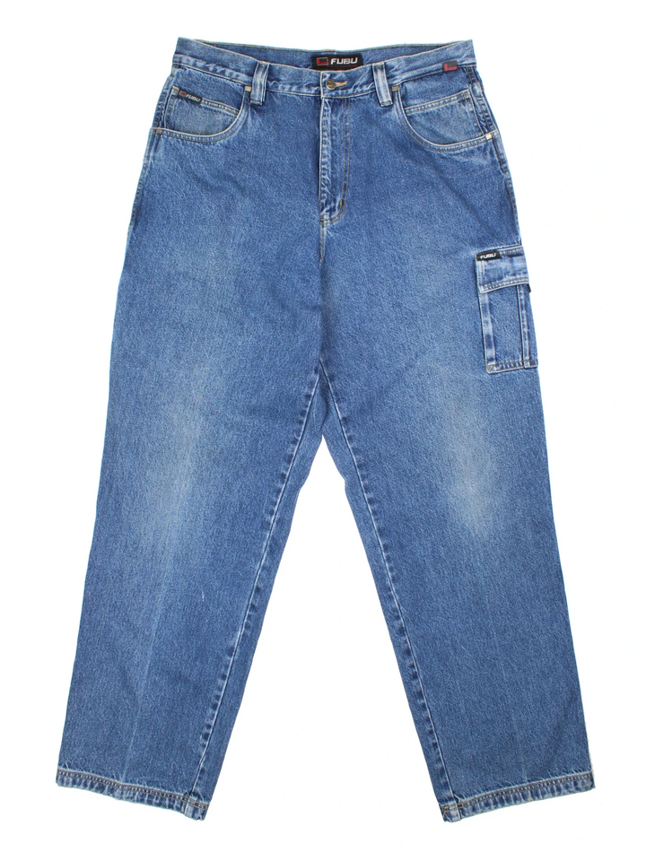 Y2K FUBU Cargo Jeans in blue colourway with multiple pockets and the logo embroidered on the back.