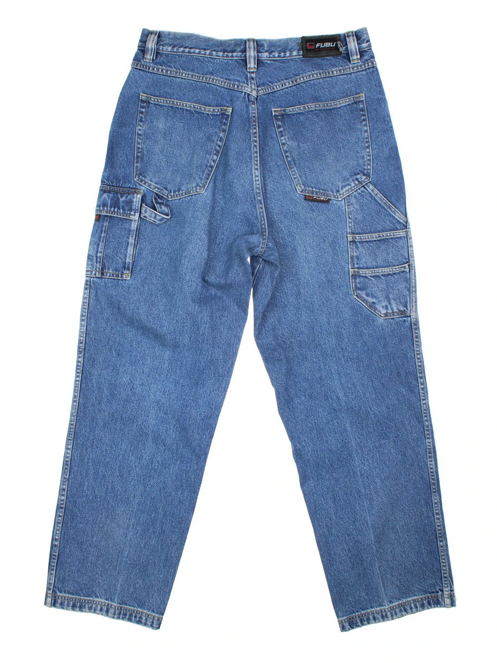 Y2K FUBU Cargo Jeans in blue colourway with multiple pockets and the logo embroidered on the back.
