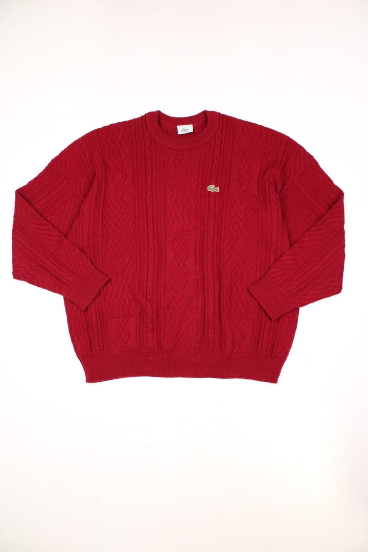 Vintage Lacoste chunky cable knit jumper in red with embroidered logo on the chest.