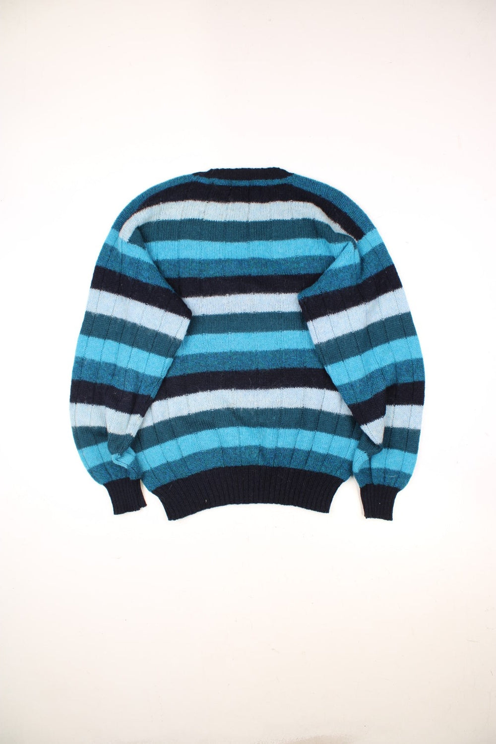 Vintage Shetland Scottish Wool Jumper in a blue and black striped colourway.