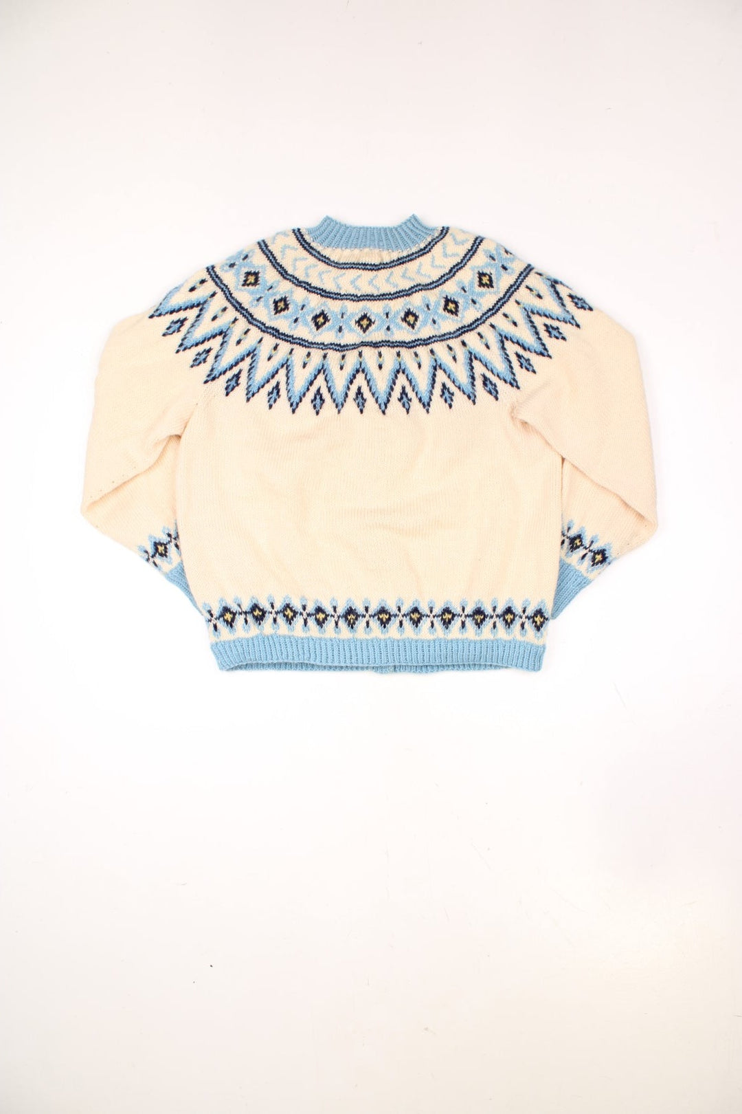 Vintage 70s Norway Design Hand Knitted wool button through cardigan in beige and blue.