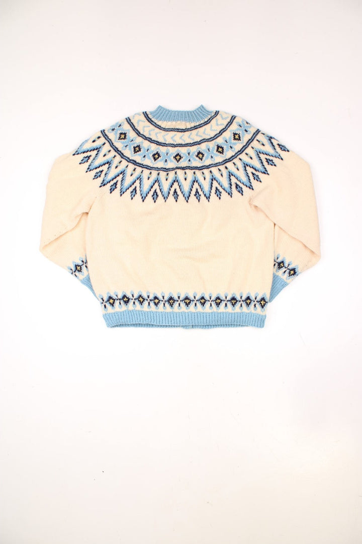 Vintage 70s Norway Design Hand Knitted wool button through cardigan in beige and blue.