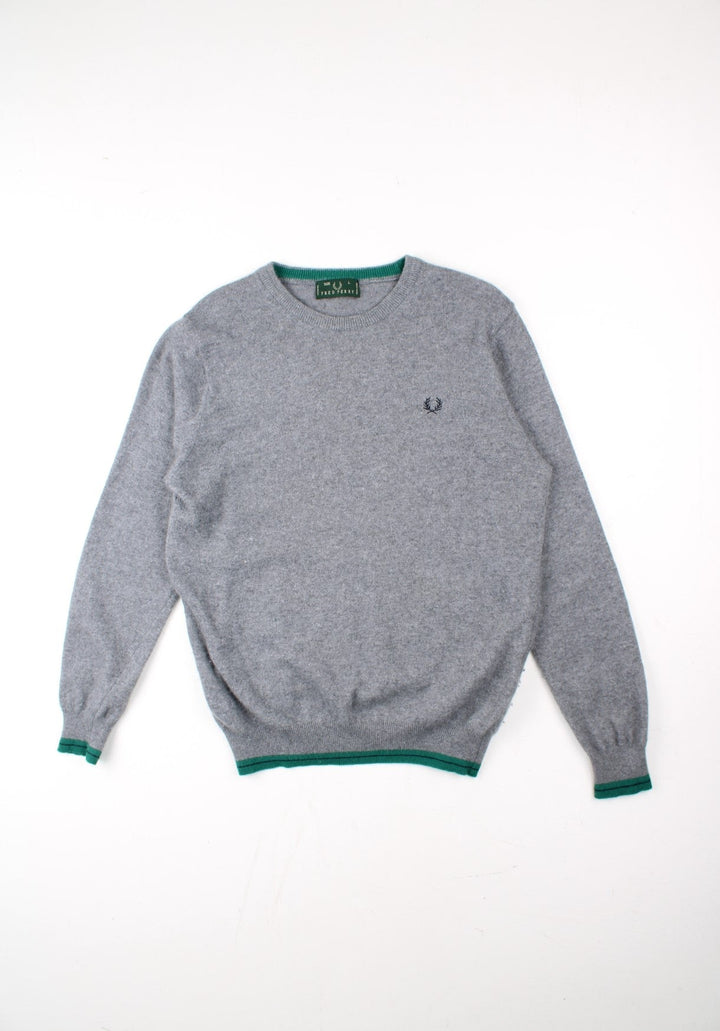 Fred Perry Jumper in a grey/green colourway. Contrast cuffs and hem and embroidered logo on front.