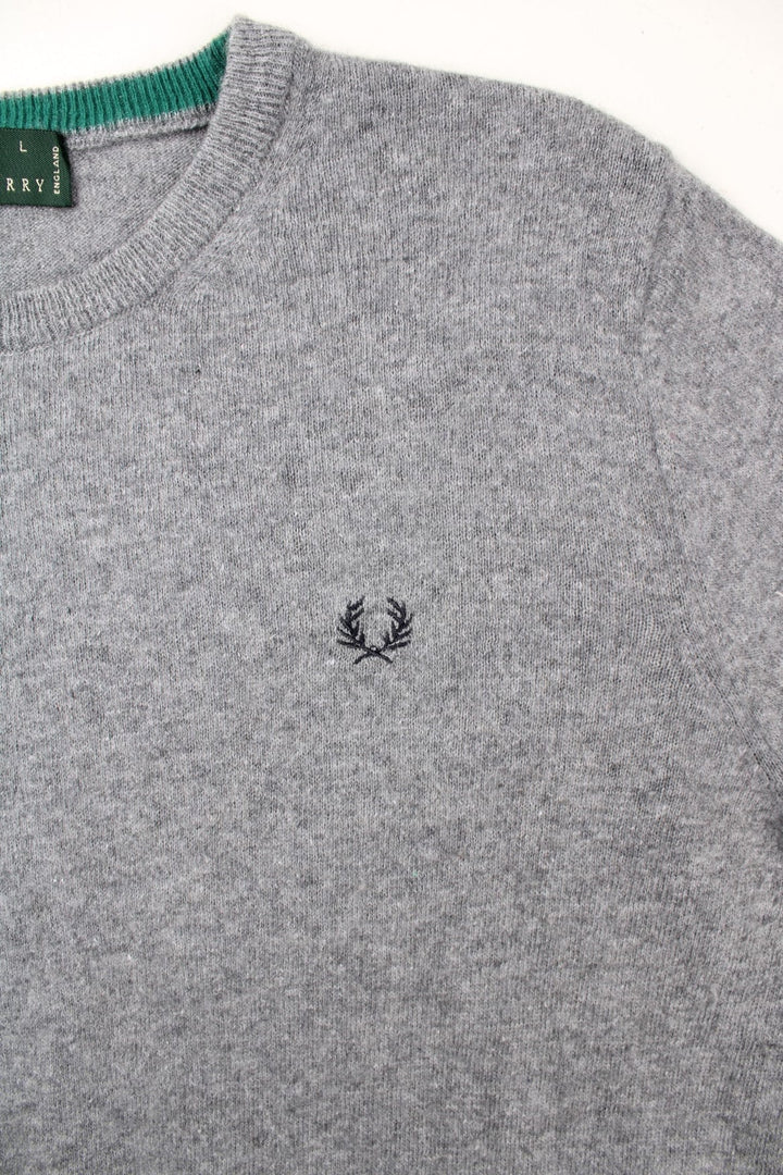 Fred Perry Jumper in a grey/green colourway. Contrast cuffs and hem and embroidered logo on front.