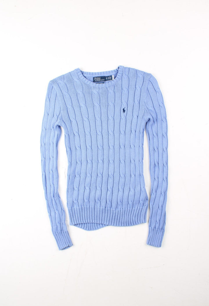 Ralph Lauren Cable Knit Jumper in a blue colourway. Crew neck, with embroidered logo on front.
