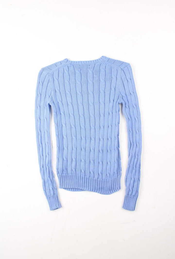 Ralph Lauren Cable Knit Jumper in a blue colourway. Crew neck, with embroidered logo on front.